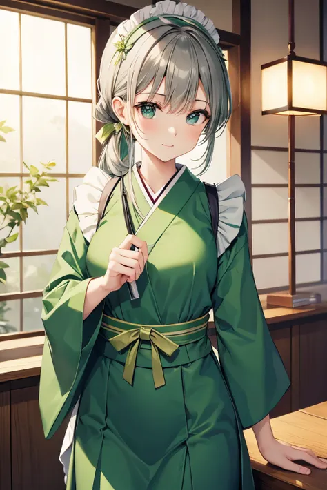 very beautiful japanese maid in green and silver clothes