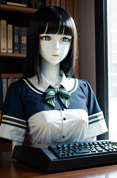 A mannequin is touching an old computer keyboard,that mannequin is beautiful,That mannequin is Chihiro Anai.,That mannequin is 25 years old.,The height of the mannequin is 165cm,mannequin color&#39;my face is white.,mannequin color&#39;The body is pure whi...