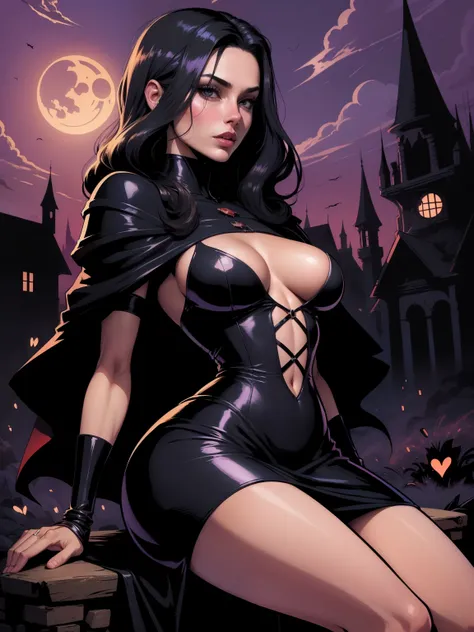 (((COMIC STYLE, CARTOON ART))).  A hot vampire girl, woman in medieval black dress, HOT BODY, on cemitery under the moonlight. ((Body covered in blood)). Full growth in the frame. higly detailed.