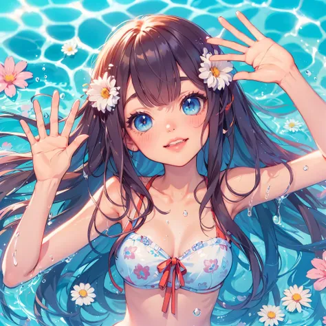 anime girl in a bikini with a drink in a pool, anime visual of a cute girl, beautiful anime girl, cute anime girl, pretty anime girl, attractive anime girl, artwork in the style of guweiz, smooth anime cg art, beautiful anime artwork, beautiful anime art s...