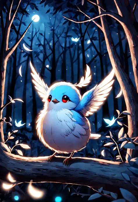 A cute bird moving its wings, (hd), (magical), blue magical air, magical light, dark night, small bird, red and white feathers, forest, ( (close up) )