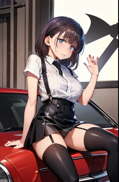 (Highest image quality、highest quality), looking at the viewer、black suspenders、bulging big tits、wall: 　、black mini skirt、garter、sight、small face、thin jaws、bangs 、holster、Beautiful woman、raise your hand、レッグholster ベッドに横たわる、sight 、black boots panty shot、pro...