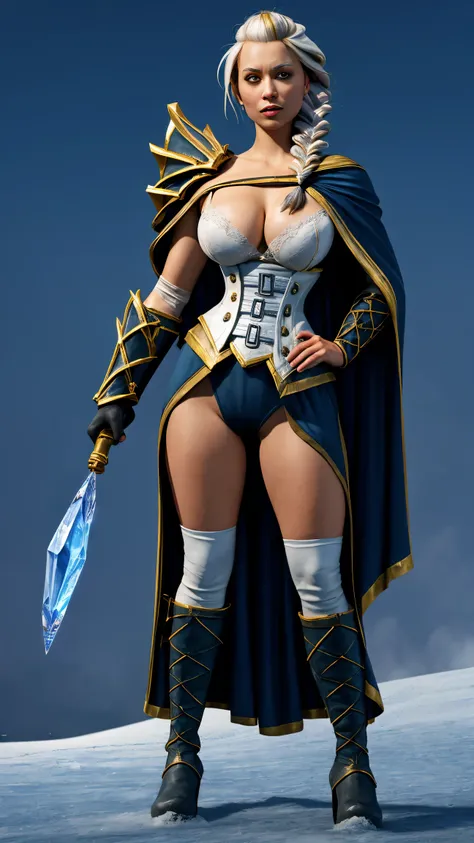 masterpiece, best quality, 1girl, solo, standing, jainapost, multicolored hair, white hair, (single braid:1.1), chest strap, cleavage, armor, corset, blue cape, gauntlets, bracer, greaves, long sleeves, parted lips, hand on hip, dark, huge breasts, burstin...