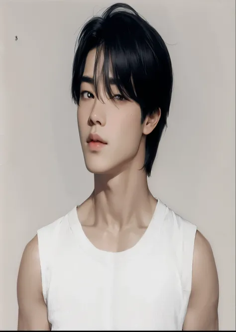 arafed asian woman with short black hair wearing a white tank top, jimin, park jimin, jimins grecian nose, ji-min, taejune kim, with short hair, jimins plump lips, hyung tae, portrait of kpop idol, hyung tae kim, seseon yoon, korean artist, hyung - tae kim...