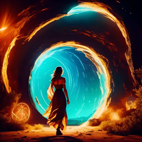 a beautiful woman passes through a dimensional portal in the middle of a desert, seen from afar and from behind, in a night of cinematic colors. She is going to a place very different from anything we know