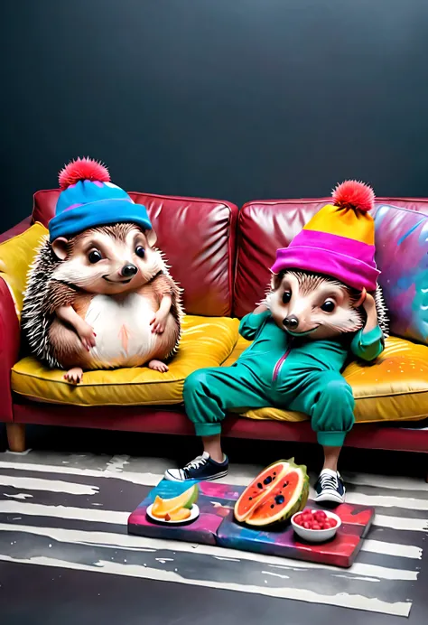 Chalkboard style, With folk art style, (Cute little hedgehog curled up on the sofa drinking water), beautiful details, (Exaggerated magnum), (Get colorful and trendy hair or back tattoos,) (Wearing hip-hop style pajamas, Wearing an exaggerated nightcap,) (...