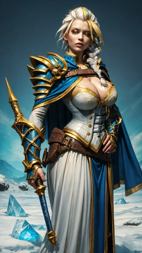 masterpiece, best quality, 1girl, solo, standing, jainapost, multicolored hair, white hair, (single braid:1.1), chest strap, cleavage, armor, corset, blue cape, gauntlets, bracer, greaves, long sleeves, parted lips, hand on hip, dark, huge breasts, burstin...