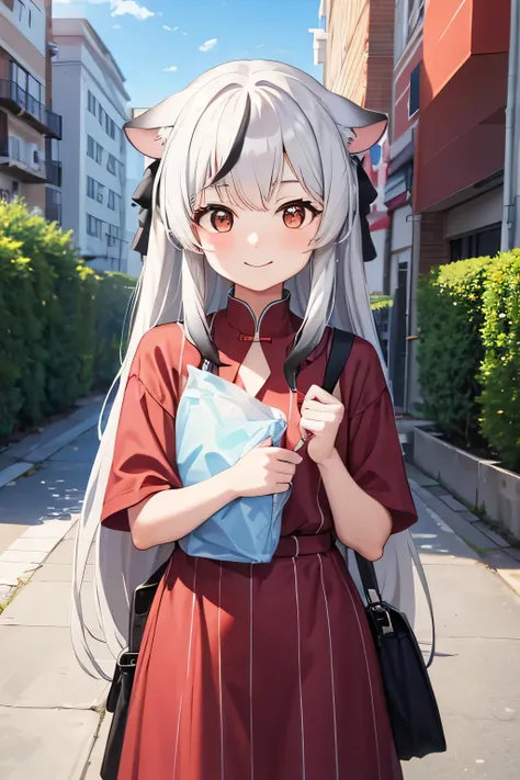 white hair, cute girl, holding bag, wearing red shirt, outdoor masterpiece, 4k quality, 4k resolutions, long hair, smile