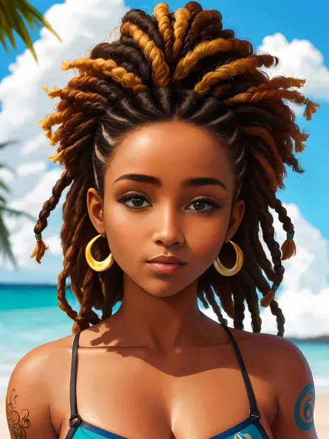   Aquatic portrait characters with scaly brown skin, Avatar estilo oceano Ele usa semelhante cabelo branco cortado para o lado, rastafari, cabelo afro No grupo negro familiar.Um casal, mulher de com pele marrom escamosa,  de cabelos rastafari  pretos e bra...