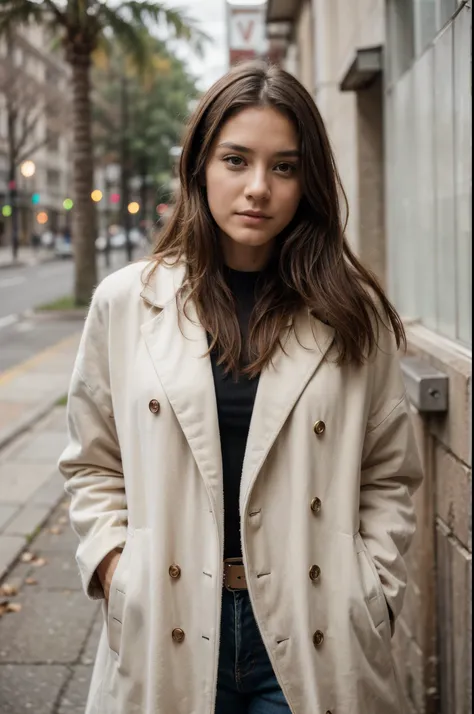 RAW photo of beautiful woman, 30 years old, portrait, coat, neutral background, (high detailed skin:1.2), 8k uhd, dslr, soft lighting, high quality, film grain, Fujifilm XT3, backgorund blurred, sefie shot, cinematic lighting, motion blur, film grain, very...