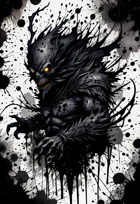 (((dark fantasy ink splatter art:1.3))), chaotic black strokes ink splatters, intricate details, creature from another world, in...