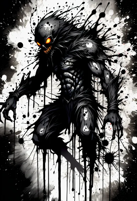 (((dark fantasy ink splatter art:1.3))), chaotic black strokes ink splatters, intricate details, creature from another world, in...