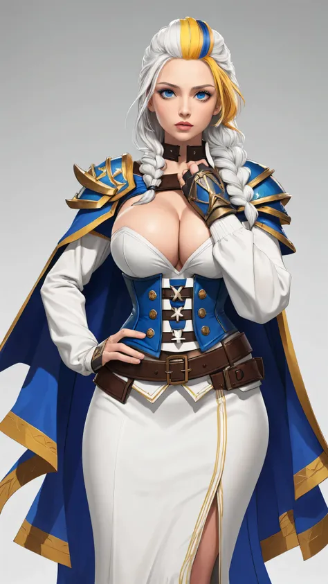 masterpiece, best quality, 1girl, solo, standing, jainapost, multicolored hair, white hair, (single braid:1.1), chest strap, cleavage, armor, corset, blue cape, gauntlets, bracer, greaves, long sleeves, parted lips, hand on hip, dark, huge breasts, burstin...