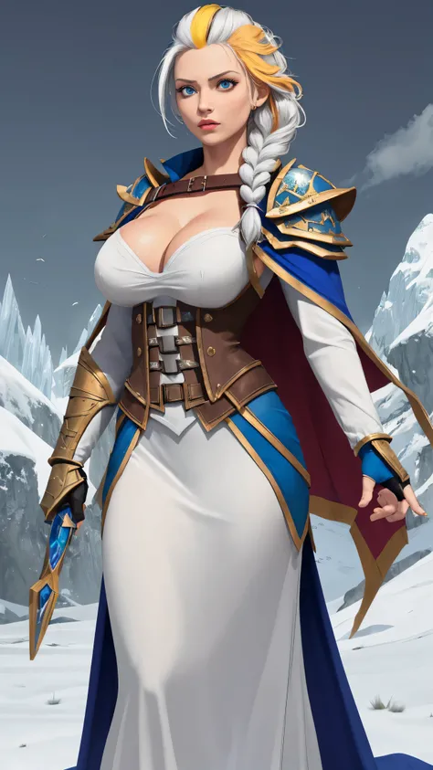 masterpiece, best quality, 1girl, solo, standing, jainapost, multicolored hair, white hair, (single braid:1.1), chest strap, cleavage, armor, corset, blue cape, gauntlets, bracer, greaves, long sleeves, parted lips, hand on hip, dark, huge breasts, burstin...