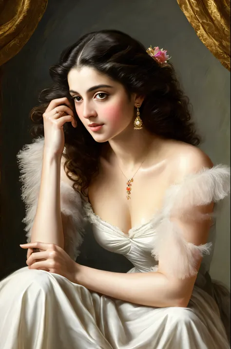 Best quality, highly detailed, masterpiece, Indian princess, Rajkanya, royal clothes, Masterpiece, extremely gorgeous woman, matchless Beauty, portrait, Peter Paul Rubens style, Woman, off shoulder bandeau crop blouse, beautifully styled hair, fluffy hair,...