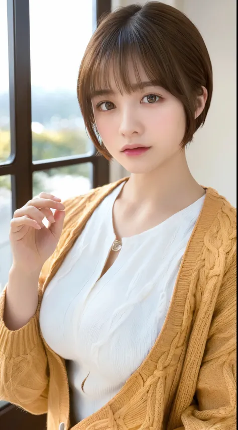 ((highest quality、8K、masterpiece:1.3))、Detail Women:1.3、(medium short hair、huge tit:1.3)、cardigan:1.1、ultra detail、detailed、eyelid