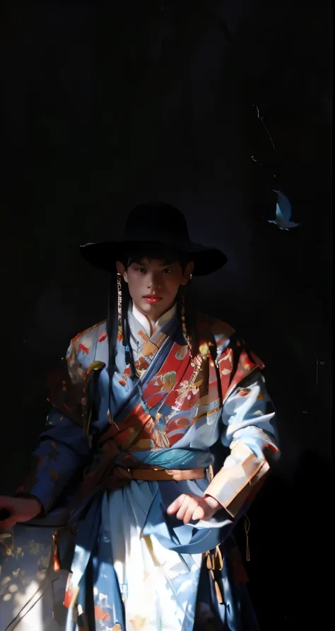 a young man，very young，wearing a flying fish suit，head down，glare，hd，the painting style is quiet，warm tones，traditional chinese ...