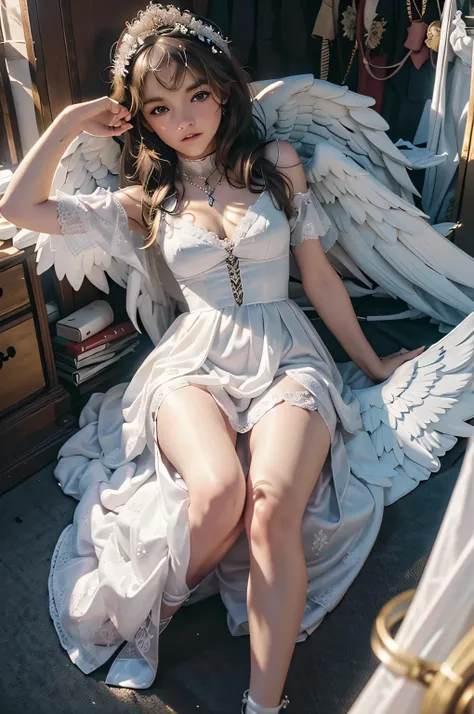 There is a woman dressed in an angelic costume, full - body majestic angel, emma watson as an angel, angel themed, taylor swift as a heavenly angel, angel themed, of an beautiful angel girl, tall female angel, young wan angel, angel girl, wearing angel, an...