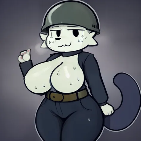 Silly cat, girl, wide hips, cat, antro, white cat,thick legs, body slim, huge breasts, sweat, wearing navy blue pants, wearing navy blue jacket, wearing a dark green army helmet, brown belt,