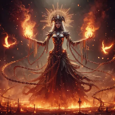 elden ring game style,dark soul boss, (extremely detailed 8k wallpaper),scene of a demonic sorceress conjuring fire, various burning chains around her,tall body, mature body, burning aura, fire balls, orange and yellow spark dazzling around, small phoenix ...