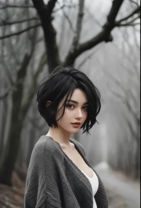 a woman with a dark hair and a gray sweater standing in a forest, short dark hair, with short hair, messy black bob hair, black hair in a rough shag, girl with black hair, short black hair, black short hair, short messy hair, woman with black hair, black m...