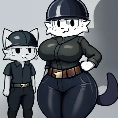 Silly cat, girl, wide hips, cat, antro, white cat,thick legs, body slim, huge breasts, sweat, wearing navy blue pants, wearing navy blue jacket, wearing a dark green army helmet, brown belt,