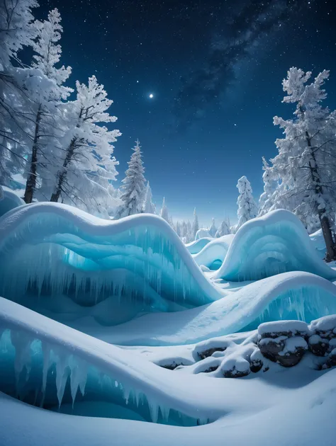 An exquisite arctic landscape painted in various shades of ethereal blue, showcasing the untouched beauty of icy glaciers, and an expansive frozen forest stretching as far as the eye can see. A landscape with feminine curves. Mounds reminiscent of the 
the...