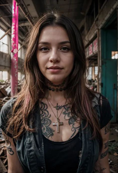 8k，Delicate facial features，ultra-clear，Pink Long Hair，Abandoned factory buildings，tattered torn shirt，blackstockings，Heavy makeup，Smoky makeup，eye shadows，self-shot，looking toward the viewer，ssmile，Tattooed with，cross necklace，the night，