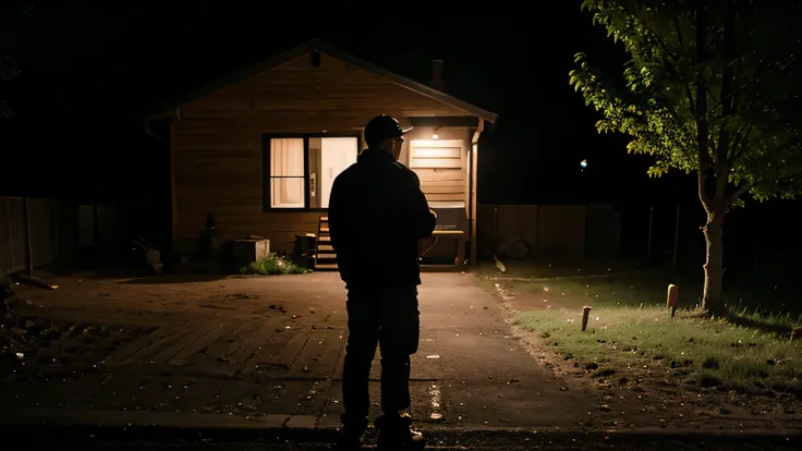 entregador com uma caixa de pizza, back to camera, standing looking at a small house in a rural area, corpo todo, Poor lighting, cinematic brilliance, ultra-detalhado, uma obra de arte, Horror, Cinematic scene, Luz pequena