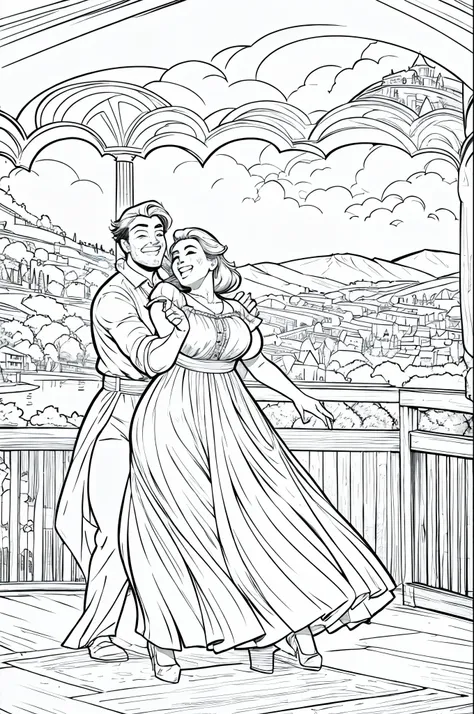 esboço a couple, 1man, 1  woman plus size, dancing together, smile, laugh, romantic atmosphere, landscape, line art digital