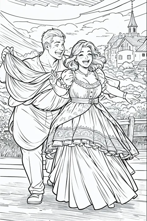 esboço a couple, 1man, 1  woman plus size, dancing together, smile, laugh, romantic atmosphere, landscape, line art digital