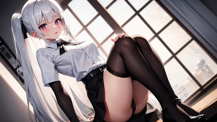 1girl,longwhitehair,redeyes,wearingwhiteshirt,blackskirt,blacktights,pantieswithhearts,home,ultrasharp,8K,masterpiece:1.2,lookingatviewer