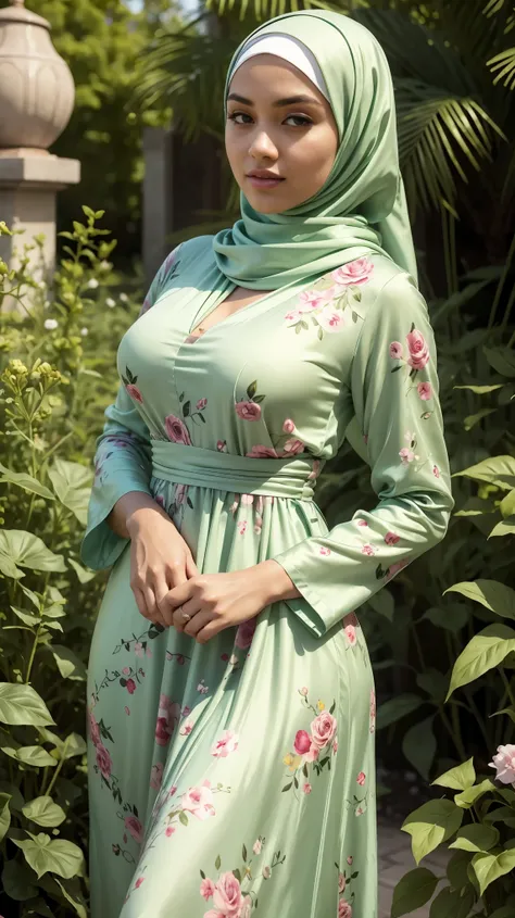 
RAW, Best quality, high resolution, masterpiece: 1.3), beautiful Malay woman in hijab, Masterpiece, perfect fit body, big breasts, beautiful big eyes, Soft smile,thick thighs, muslim woman wearing a green floral print dress and a hijab, in garden flower,m...