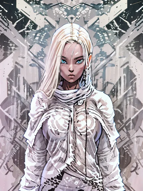 1monk warrior girl with white techwear clothes, white long hair, laces, abstract vintage scifi background