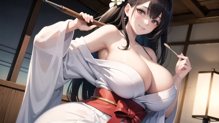 ((huge breasts)), (((masterpiece, best quality))), cute girl, ((extremely detailed girl)), yukata, bare shoulders, soft and smooth skin, smiling