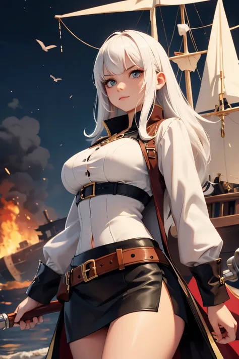 (good quality), (Ultradetailed), young girl with big saber, white hair, pirate, black ship, night, battlefield, fire in the background