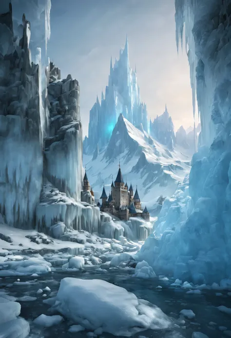 a tall mountain nestled in ice in the distance, below is a magnificent ice castle