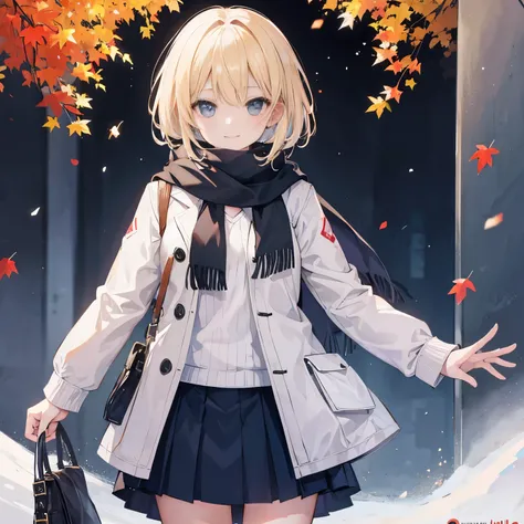 1 girl, smile, european, Winter coat, scarf, skirt, (small) Chiller Rhythm, short blonde hair, autumn tree々