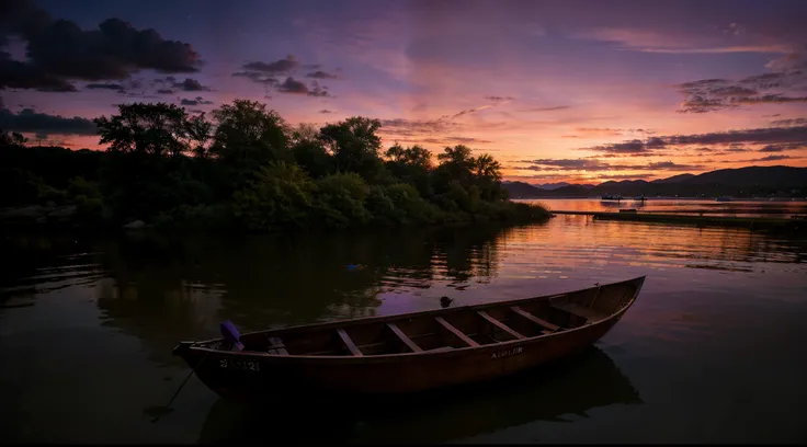 there is a small boat that is sitting in the water, serene colors, at purple sunset, calm evening, blue hour photography, photography shot at blue hour, calm vivid colors, vibrant setting, purple glow, purple sunset, colorful sunset, serene evening atmosph...