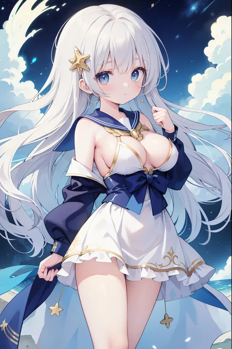 （masterpiece）、(highest quality)、((Super detailed))、(super delicate)、cute、Pastel colors hair、beautiful breasts、Gorgeous、fantastic sea of stars、Gold, silver, and deep blue sailor suit