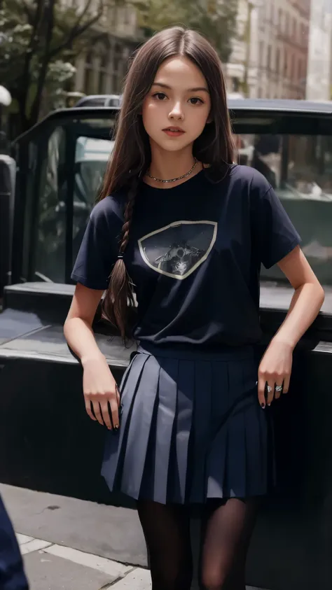 olivia rodrigo aged 13, long hair: 1.6, t-shirt, pleated skirt, pantyhose, small breasts, fair skin, photorealistic