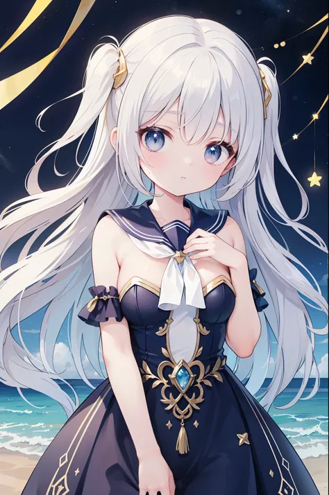 （masterpiece）、(highest quality)、((Super detailed))、(super delicate)、cute、Pastel colors hair、beautiful breasts、Gorgeous、fantastic sea of stars、Gold, silver, and deep blue sailor suit