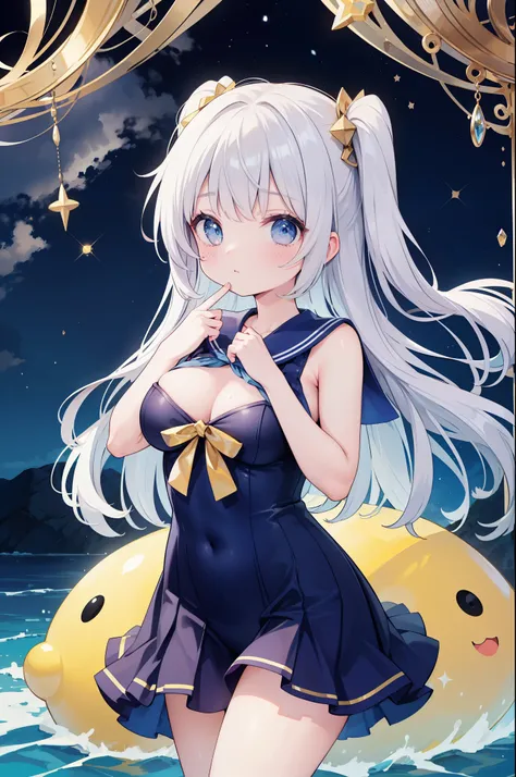 （masterpiece）、(highest quality)、((Super detailed))、(super delicate)、cute、Pastel colors hair、beautiful breasts、Gorgeous、fantastic sea of stars、Gold, silver, and deep blue sailor suit