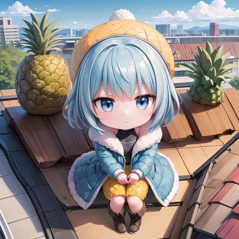 ((Chibi, miniature, REAL, pineapple, 3DCG, Nendoroid, 1 girl: 1.3)) ,(Masterpiece, almond-shaped eyes, glossy white-blue hair, short chignon hair, top quality, carefully drawn fingertips, beautiful anatomy : 1.4), (full body: 1.3), (Red cheeks, indifferenc...