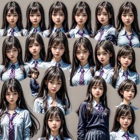 (((1 KAWAII girl, 9 grids, 9 poses and expressions, different emotions))) . Extremely Detailed KAWAII face, School Uniform ,