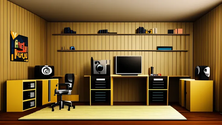 simple gamer room background in cardboard graphic style colored from flat angle of a room