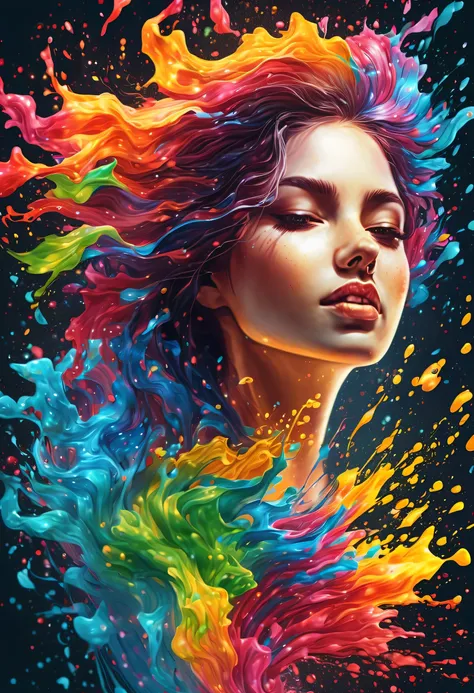 a woman with colorful hair and flowing paint