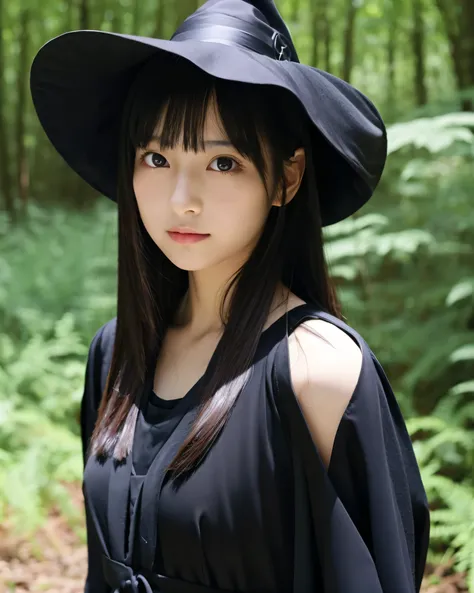 beautiful japanese girl　witch　Black Tricorn Hat　detailed beautiful eyes　smooth soft skin　black hair　long straight hair　（Simple dress in black:1.5)　black clothes　witchのコスプレ　in the forest　（whole body:1.７） Mage Dress 　Magic Dress