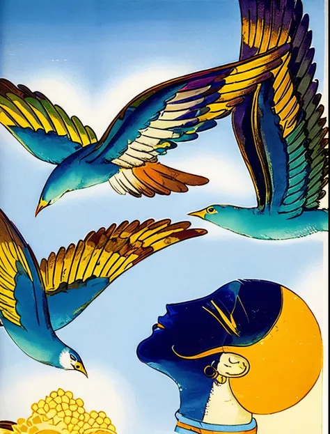 there are three birds flying over a woman with a bowl of food, art deco illustration, by Wilhelm Sasnal, by Herbert Bayer, marc davis, by Ikuo Hirayama, vintage magazine illustration, by Diane Dillon, by Leo and Diane Dillon, vintage illustration, inspired...