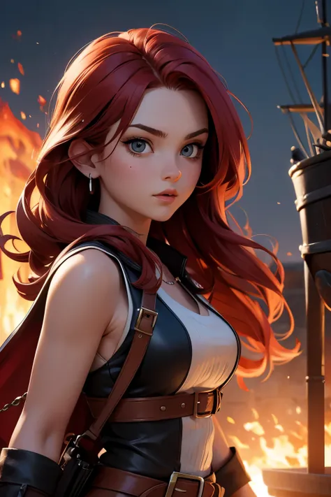 (good quality:1.2), (Ultradetailed:1.2), (ultradetailed face:1.2), (ultradetailed body:1.2), young girl with pistole, red hair, pirate, black ship, night, battlefield, fire in the background